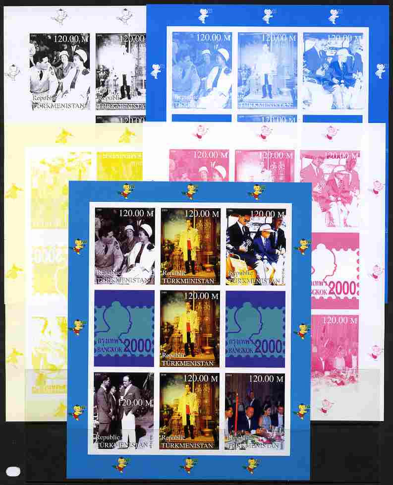 Turkmenistan 2000 Bangkok Stamp Exhibition sheetlet containing 7 values and 2 labels - the set of 5 imperf progressive proofs comprising the 4 individual colours plus all 4-colour composite, unmounted mint , stamps on personalities, stamps on disney, stamps on stamp exhibitions, stamps on elvis, stamps on films, stamps on movies, stamps on cinema, stamps on music, stamps on sinatra