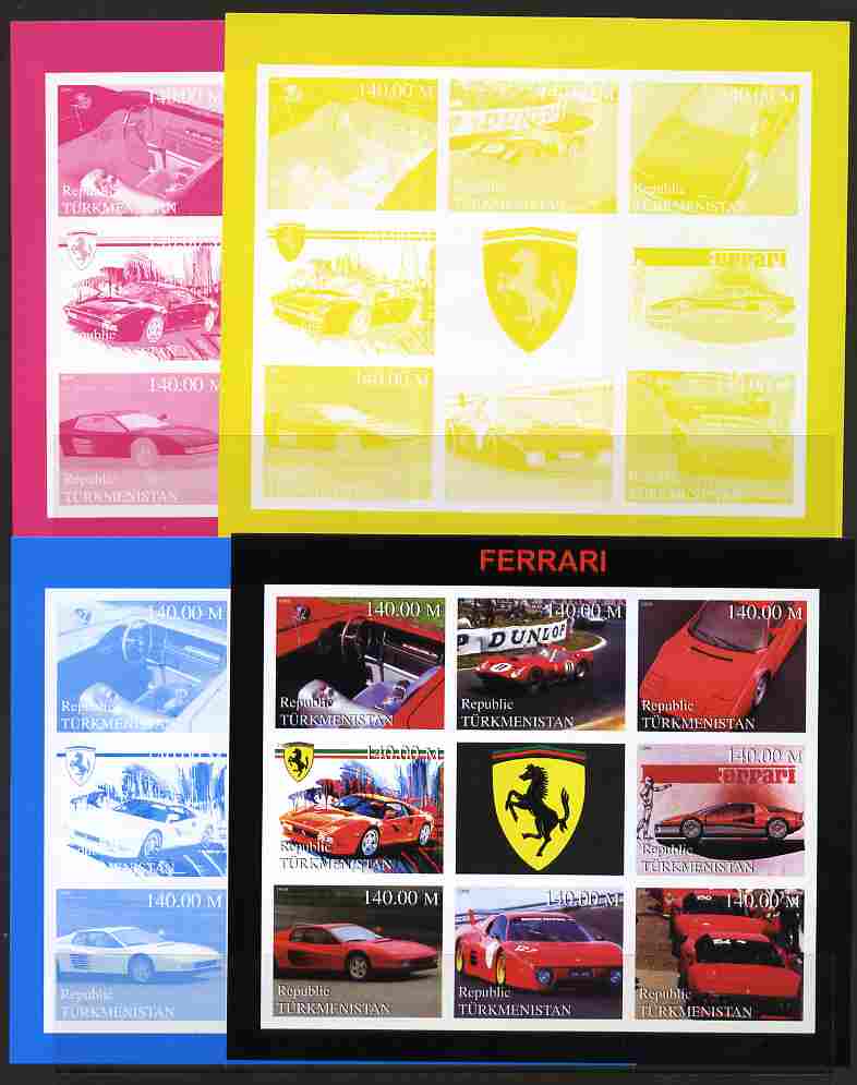 Turkmenistan 1999 Ferrari sheetlet containing set of 8 values plus  the set of 4 imperf progressive proofs comprising 3 individual colours plus all 4-colour composite, unmounted mint , stamps on racing cars, stamps on ferrari, stamps on cars, stamps on vets