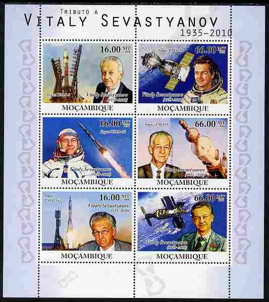Mozambique 2010 Tribute to Vitaly Sevastyanov (cosmanaut) perf sheetlet containing 6 values unmounted mint, stamps on personalities, stamps on space, stamps on rockets, stamps on satellites