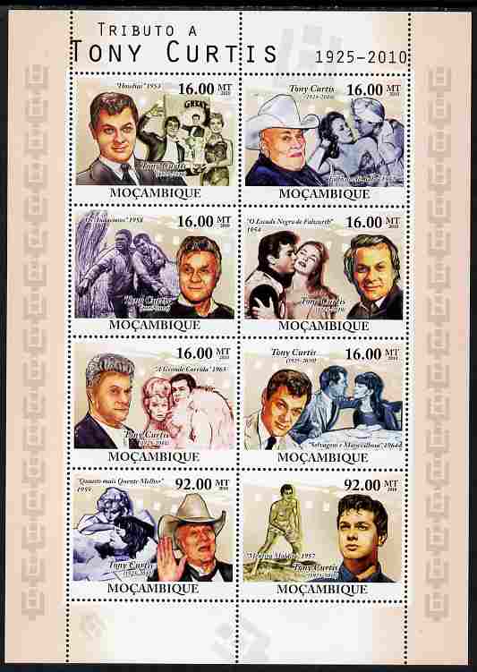 Mozambique 2010 Tribute to Tony Curtis (actor) perf sheetlet containing 8 values unmounted mint, stamps on personalities, stamps on films, stamps on movies, stamps on cinema, stamps on marilyn, stamps on monroe