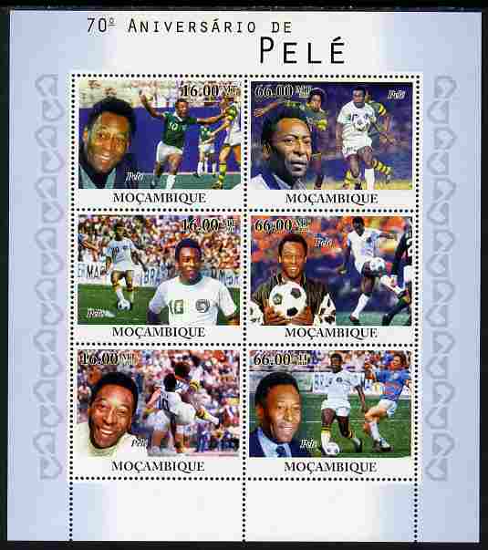 Mozambique 2010 70th Birth Anniversary of Pele perf sheetlet containing 4 values unmounted mint, stamps on , stamps on  stamps on personalities, stamps on  stamps on football
