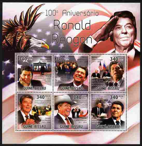 Guinea - Bissau 2011 100th Birth Anniversary of Ronald Reagan perf sheetlet containing 6 values unmounted mint, stamps on personalities, stamps on usa presidents, stamps on american, stamps on films, stamps on cinema, stamps on movies, stamps on eagles