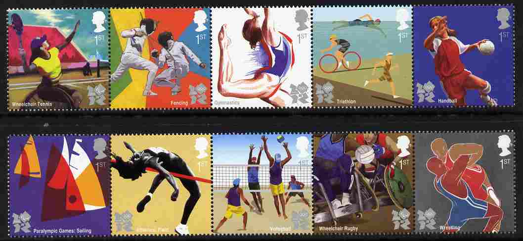 Great Britain 2011 Olympic & Paralympic Games perf set of 10 (2 se-tenant strips of 5) unmounted mint, stamps on olympics, stamps on disabled, stamps on tennis, stamps on fencing, stamps on  gym , stamps on gymnastics, stamps on bicycles, stamps on handball, stamps on wrestling, stamps on rugby, stamps on volleyball, stamps on high jump.