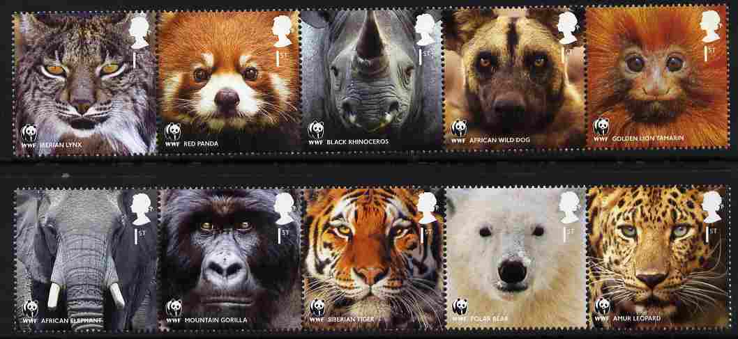 Great Britain 2011 WWF - World Wildlife Fund perf set of 10 (2 se-tenant strips of 5) unmounted mint, stamps on animals, stamps on  wwf , stamps on elephants, stamps on apes, stamps on tigers, stamps on bears, stamps on leopards, stamps on lynx, stamps on pandas, stamps on rhinos, stamps on dogs, stamps on 