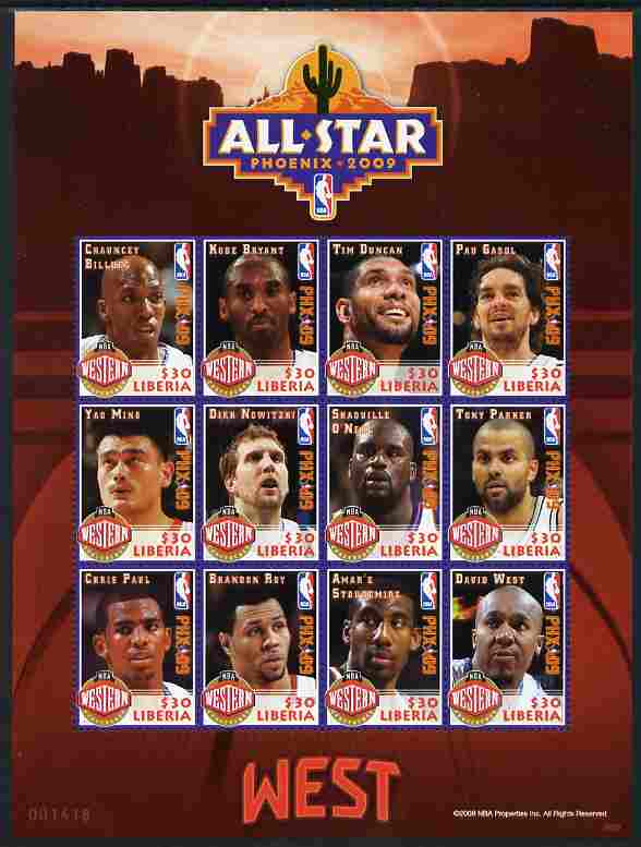 Liberia 2009 Phoenix All-Star Basketball - Western Conference perf sheetlet containing 12 values unmounted mint, stamps on sport, stamps on basketball