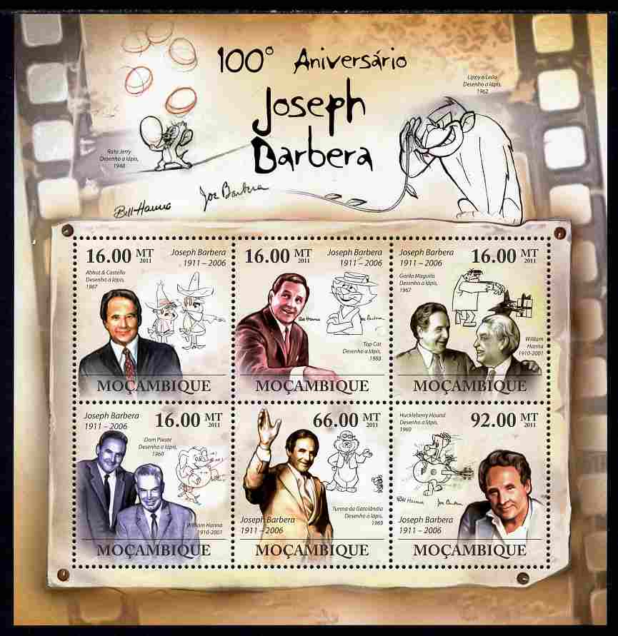 Mozambique 2011 Birth Centenary of Joseph Barbera perf sheetlet containing 6 values unmounted mint Michel 4584-89, stamps on personalities, stamps on cartoons, stamps on films, stamps on movies, stamps on 