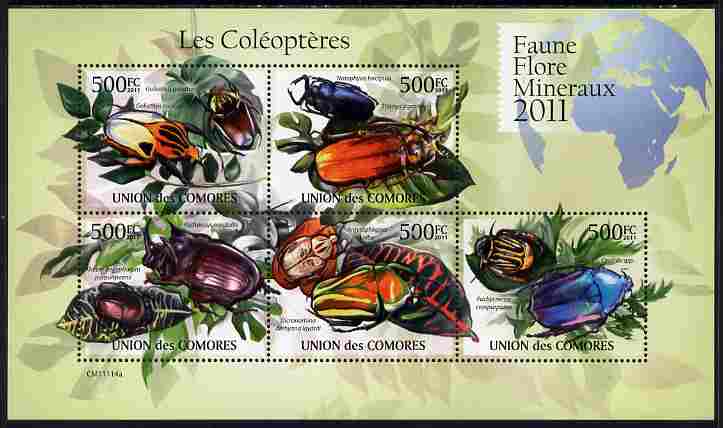 Comoro Islands 2011 Beetles perf sheetlet containing 5 values unmounted mint , stamps on insects, stamps on beetles