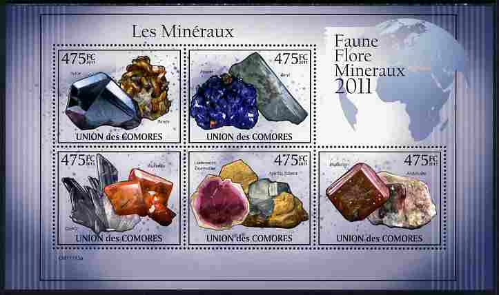 Comoro Islands 2011 Minerals #1 perf sheetlet containing 5 values unmounted mint , stamps on minerals