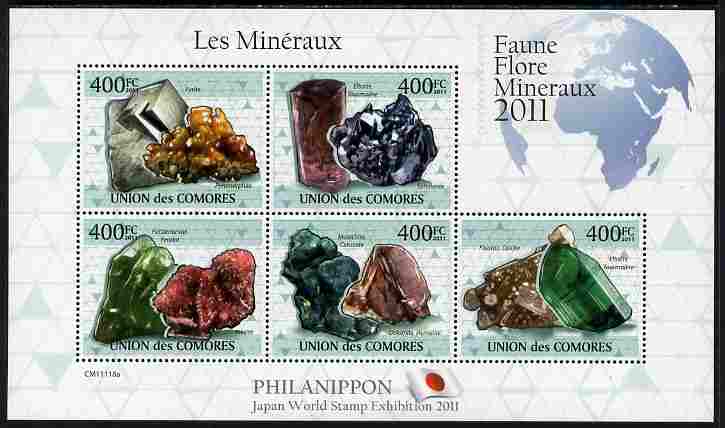 Comoro Islands 2011 Minerals #4 perf sheetlet containing 5 values unmounted mint , stamps on , stamps on  stamps on minerals