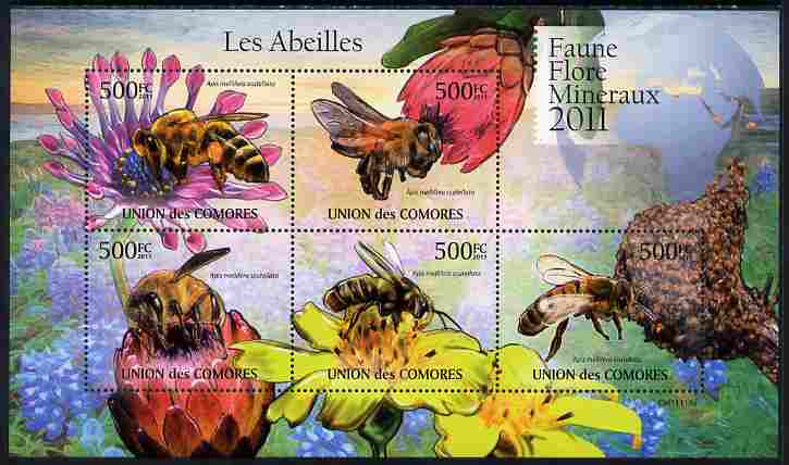 Comoro Islands 2011 Bees perf sheetlet containing 5 values unmounted mint , stamps on bees, stamps on insects, stamps on honey, stamps on flowers