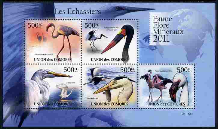 Comoro Islands 2011 Wading Birds perf sheetlet containing 5 values unmounted mint , stamps on birds, stamps on flamingos, stamps on egrets, stamps on herons