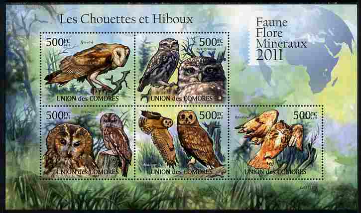Comoro Islands 2011 Owls #1 perf sheetlet containing 5 values unmounted mint , stamps on birds, stamps on birds of prey, stamps on owls