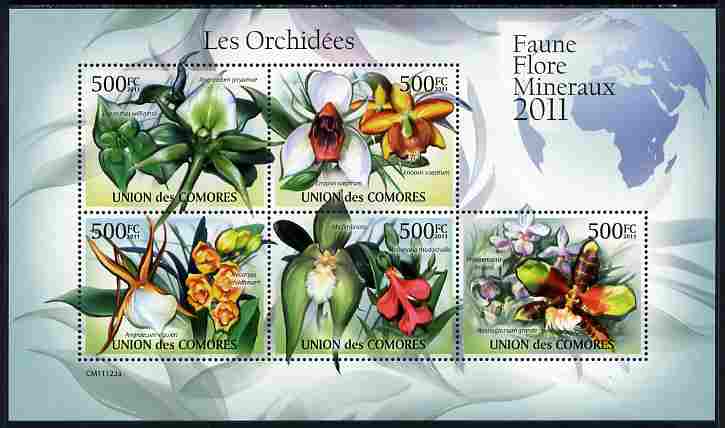 Comoro Islands 2011 Orchids perf sheetlet containing 5 values unmounted mint , stamps on flowers, stamps on orchids