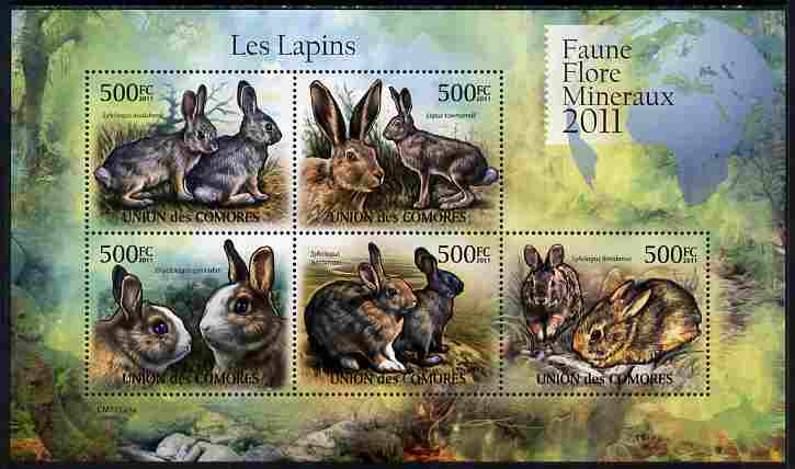 Comoro Islands 2011 Rabbits perf sheetlet containing 5 values unmounted mint , stamps on animals, stamps on rabbits