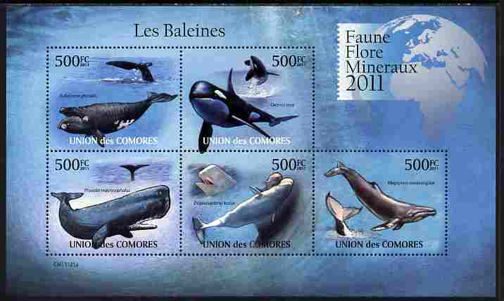 Comoro Islands 2011 Whales perf sheetlet containing 5 values unmounted mint , stamps on marine life, stamps on whales