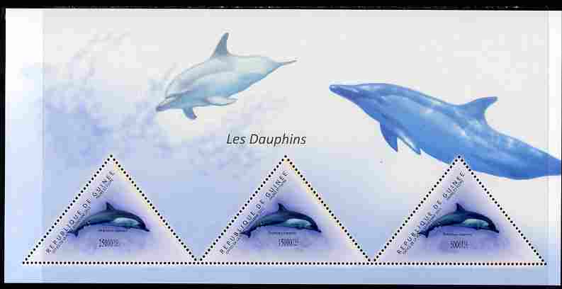 Guinea - Conakry 2011 Dolphins perf sheetlet containing 3 triangular shaped values unmounted mint, stamps on triangulars, stamps on shaped, stamps on marine life, stamps on dolphins