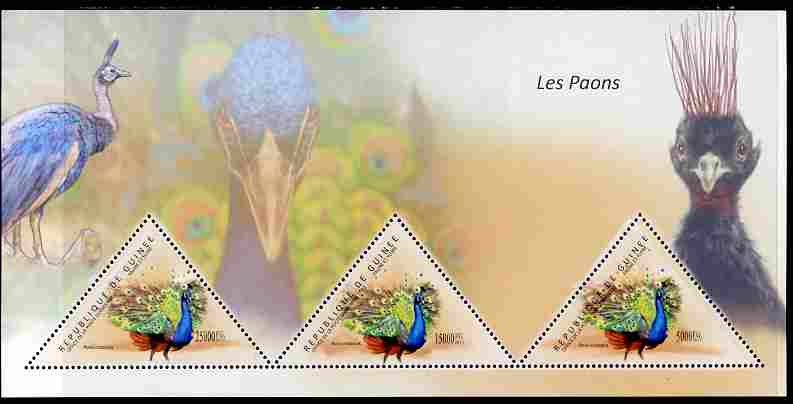 Guinea - Conakry 2011 Peafowl perf sheetlet containing 3 triangular shaped values unmounted mint, stamps on triangulars, stamps on shaped, stamps on birds, stamps on peafowl