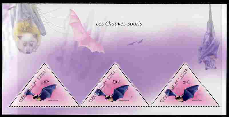 Guinea - Conakry 2011 Bats perf sheetlet containing 3 triangular shaped values unmounted mint, stamps on triangulars, stamps on shaped, stamps on mammals, stamps on bats