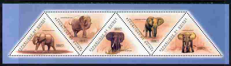 Guinea - Conakry 2011 Elephants perf sheetlet containing set of 5 triangular shaped values unmounted mint, stamps on triangulars, stamps on shaped, stamps on animals, stamps on elephants