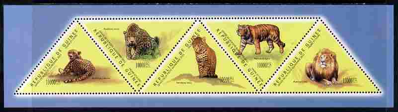 Guinea - Conakry 2011 Big Cats perf sheetlet containing set of 5 triangular shaped values unmounted mint, stamps on triangulars, stamps on shaped, stamps on animals, stamps on lions, stamps on cats, stamps on tigers