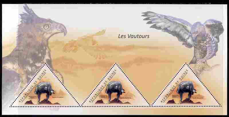 Guinea - Conakry 2011 Birds of Prey perf sheetlet containing 3 triangular shaped values unmounted mint, stamps on triangulars, stamps on shaped, stamps on birds, stamps on birds of prey, stamps on 