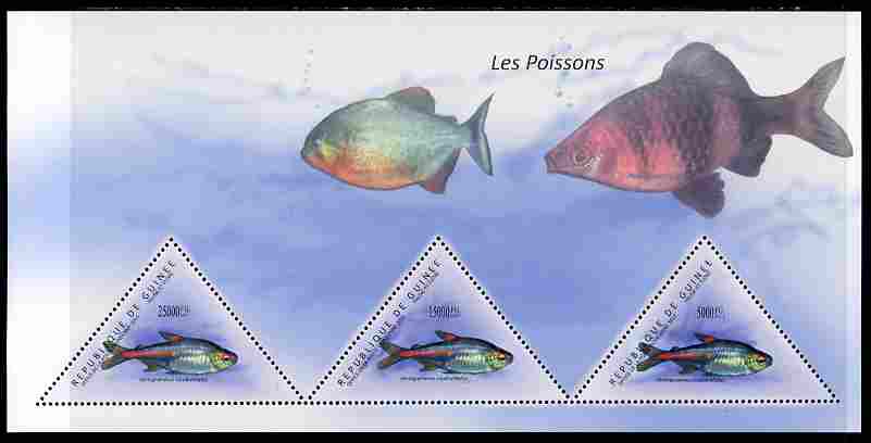 Guinea - Conakry 2011 Fish perf sheetlet containing 3 triangular shaped values unmounted mint, stamps on triangulars, stamps on shaped, stamps on fish