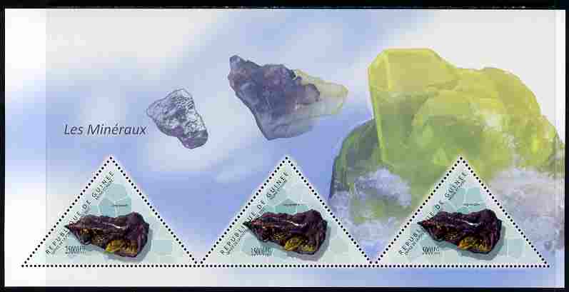 Guinea - Conakry 2011 Minerals perf sheetlet containing 3 triangular shaped values unmounted mint, stamps on triangulars, stamps on shaped, stamps on minerals
