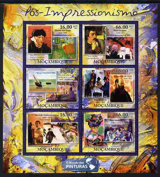 Mozambique 2011 Post Impressionism Art perf sheetlet containing 6 values unmounted mint, stamps on arts, stamps on van gogh, stamps on gauguin, stamps on seurat, stamps on cezanne, stamps on matisse, stamps on toulouse-lautrec