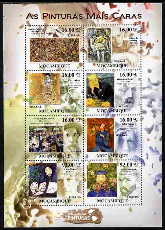 Mozambique 2011 Most Expensive Paintings perf sheetlet containing 8 values unmounted mint, stamps on , stamps on  stamps on arts, stamps on  stamps on van gogh, stamps on  stamps on renoir, stamps on  stamps on picasso, stamps on  stamps on klimt, stamps on  stamps on pollock, stamps on  stamps on kooning
