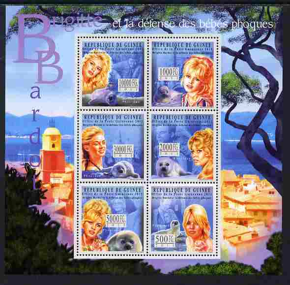 Guinea - Conakry 2011 Brigitte Bardot perf sheetlet containing 6 values unmounted mint, stamps on personalities, stamps on films, stamps on cinema, stamps on movies, stamps on pin-ups, stamps on women, stamps on seals