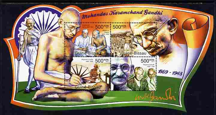 Guinea - Bissau 2011 Mahatma Gandhi special shaped perf sheetlet containing 4 values unmounted mint , stamps on shaped, stamps on personalities, stamps on gandhi, stamps on constitutions