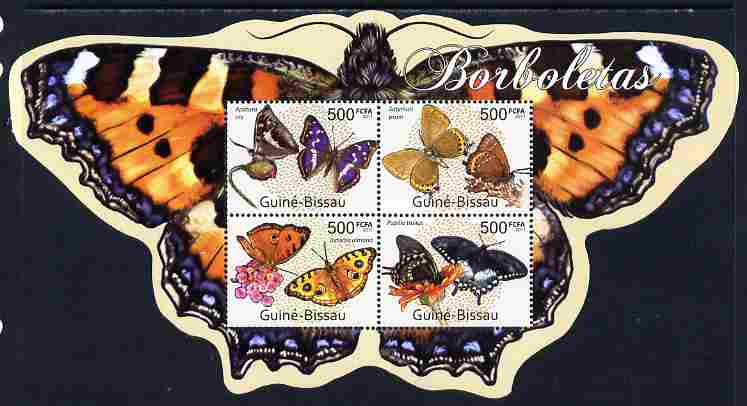 Guinea - Bissau 2011 Butterflies special shaped perf sheetlet containing 4 values unmounted mint , stamps on shaped, stamps on butterflies