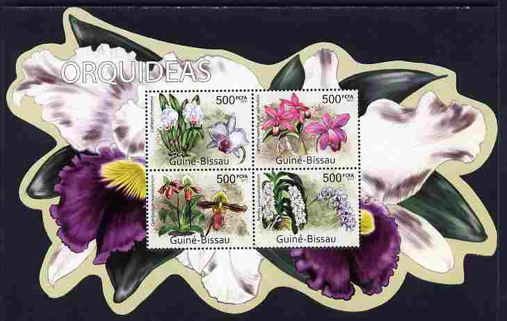Guinea - Bissau 2011 Orchids special shaped perf sheetlet containing 4 values unmounted mint , stamps on shaped, stamps on flowers, stamps on orchids
