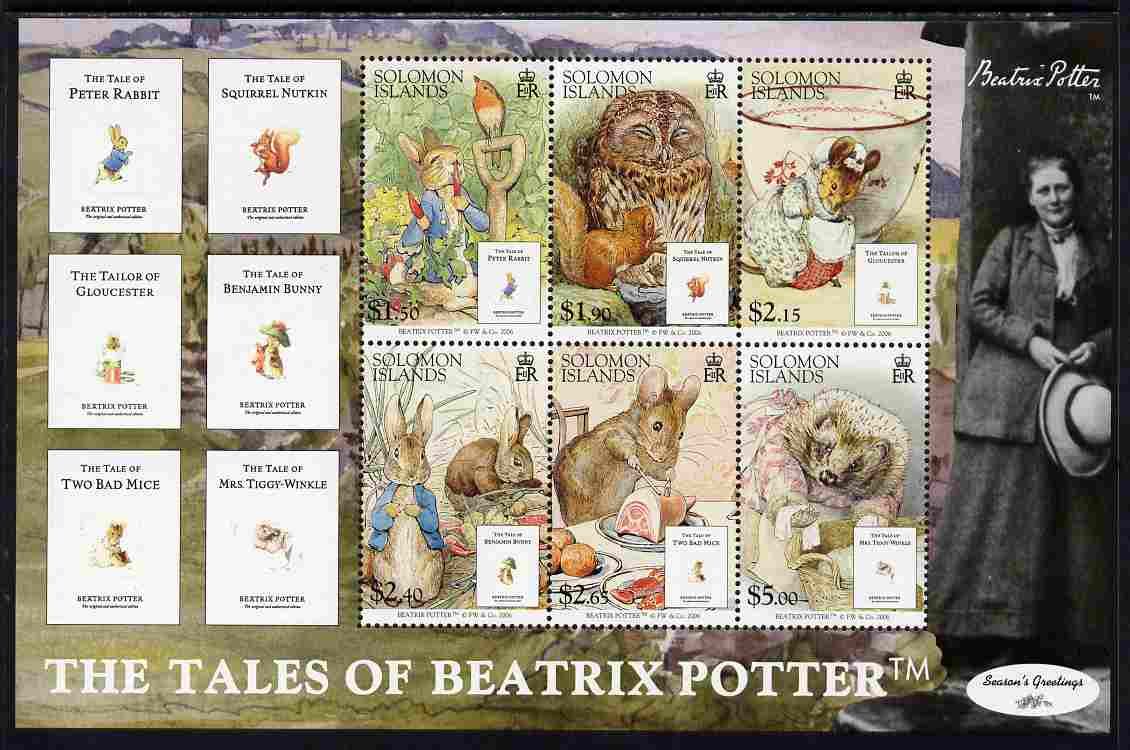 Solomon Islands 2006 The Tales of Beatrice Potter perf m/sheet unmounted mint SG MS 1222, stamps on , stamps on  stamps on literature, stamps on  stamps on children, stamps on  stamps on owls, stamps on  stamps on rabbits, stamps on  stamps on squirrels, stamps on  stamps on mice, stamps on  stamps on hedgehogs