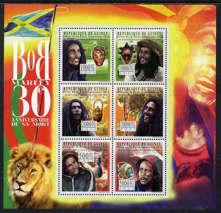 Guinea - Conakry 2011 30th Death Anniversary of Bob Marley perf sheetlet containing 6 values unmounted mint, stamps on personalities, stamps on pops, stamps on rock, stamps on music, stamps on 