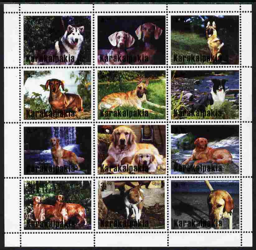 Karakalpakia Republic 2001 Dogs perf sheetlet containing complete set of 12 values unmounted mint, stamps on dogs