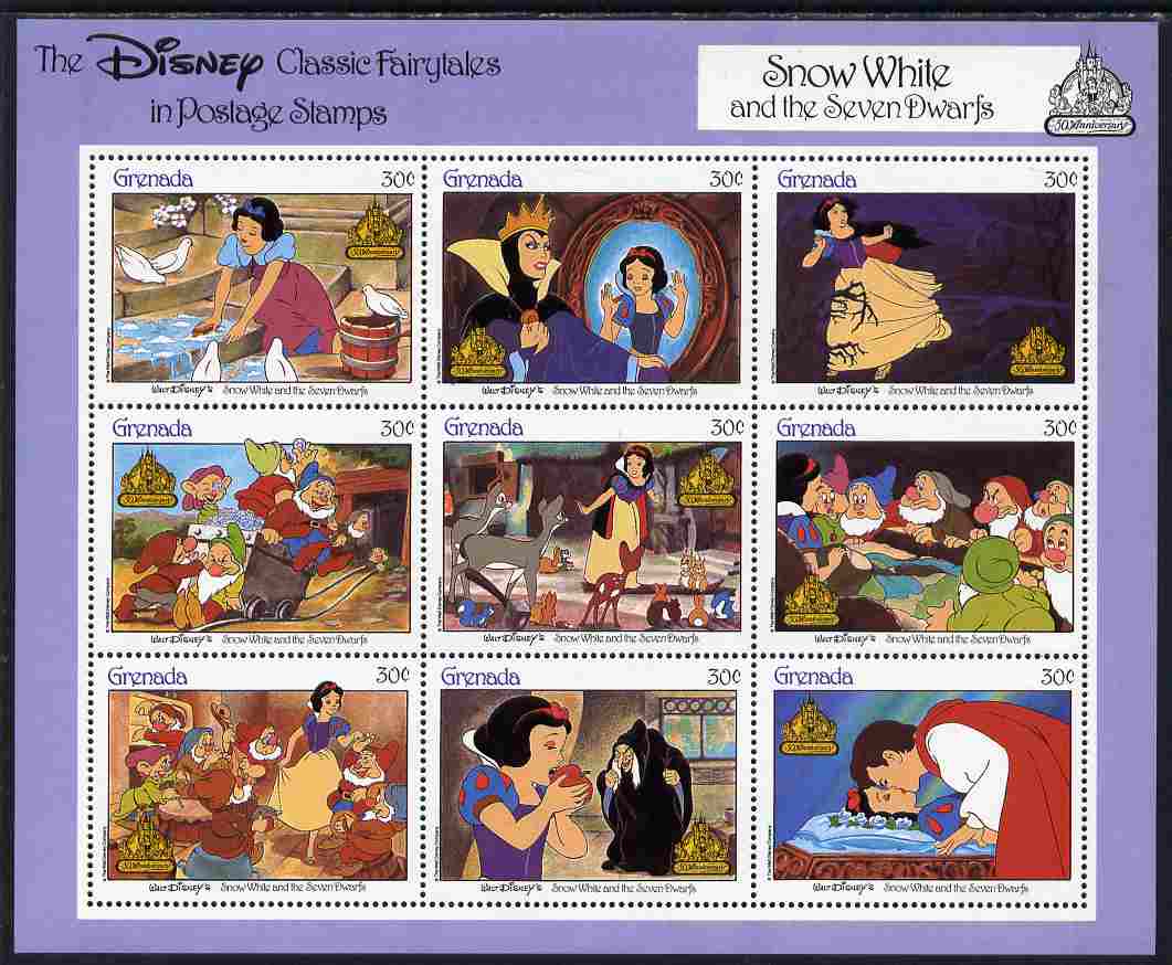 Grenada 1987 50th Anniversary of Disney Cartoons - Snow White perf sheetlet #1 containing 9 x 30c values unmounted mint as SG MS 1707f, stamps on disney, stamps on cartoons, stamps on movies, stamps on films, stamps on cinema