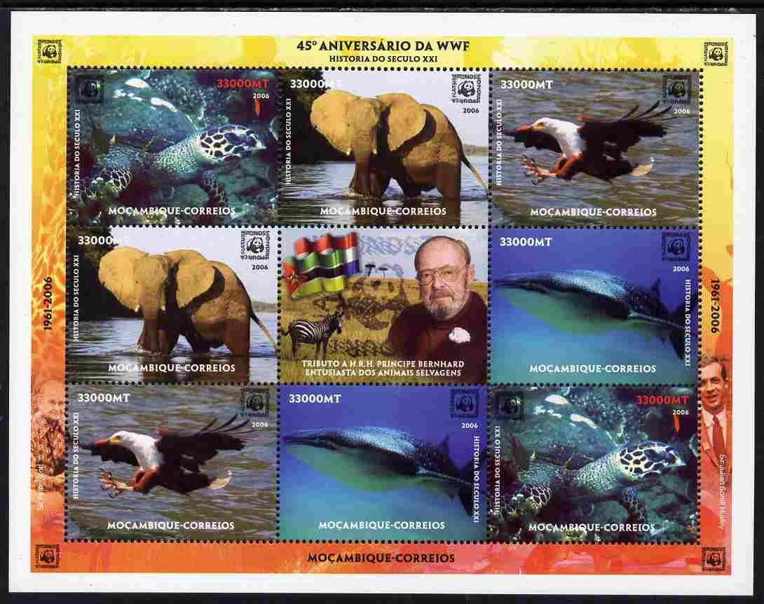 Mozambique 2006 WWF 45th Anniversary perf sheetlet containing 8 values (2 sets of 4) plus label unmounted mint , stamps on , stamps on  wwf , stamps on birds, stamps on eagles, stamps on elephants, stamps on animals, stamps on birds of prey, stamps on turtles, stamps on 