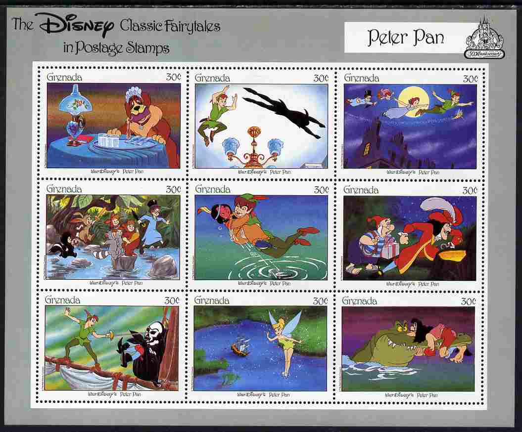 Grenada 1987 50th Anniversary of Disney Cartoons - Peter Pan perf sheetlet #1 containing 9 x 30c values unmounted mint as SG MS 1707c, stamps on disney, stamps on cartoons, stamps on movies, stamps on films, stamps on cinema