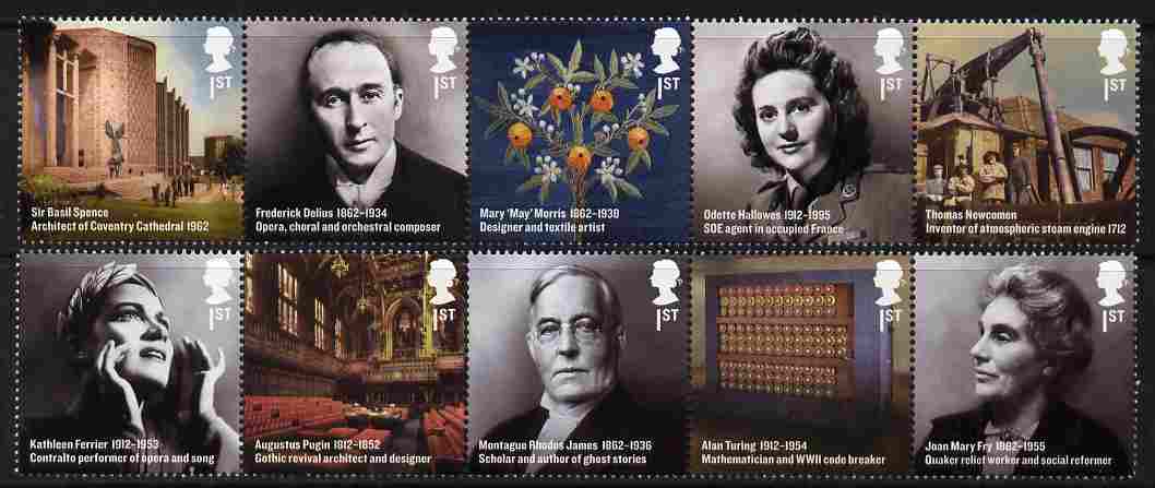 Great Britain 2012 Britons of Distinction set of 10 (two se-tenant strips of 5) unmounted mint, stamps on personalities, stamps on music, stamps on opera, stamps on architecture, stamps on textiles, stamps on  ww2 , stamps on literature, stamps on women, stamps on maths, stamps on mathematics, stamps on computers, stamps on 