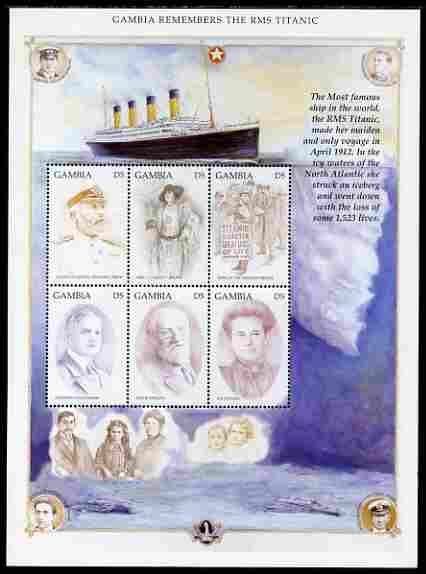 Gambia 1998 RMS Titanic Commemoration perf sheetlet containing set of 6 values unmounted mint SG 2921-26, stamps on ships, stamps on disasters