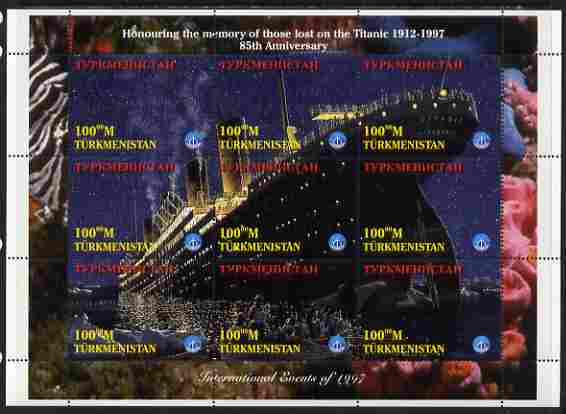 Turkmenistan 1997 85th Anniversary of Sinking of RMS Titanic perf composite sheetlet containing 9 values unmounted mint. Note this item is privately produced and is offered purely on its thematic appeal, it has no postal validity, stamps on ships, stamps on disasters