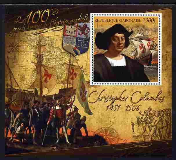 Gabon 2010-12 Greatest Personalities in World History - Christopher Columbus large perf s/sheet unmounted mint, stamps on , stamps on  stamps on personalities, stamps on  stamps on columbus, stamps on  stamps on ships, stamps on  stamps on explorers, stamps on  stamps on navigators, stamps on  stamps on americana