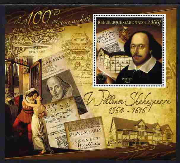 Gabon 2010-12 Greatest Personalities in World History - William Shakespeare large perf s/sheet unmounted mint, stamps on personalities, stamps on shakespeare, stamps on literature, stamps on poetry, stamps on poems