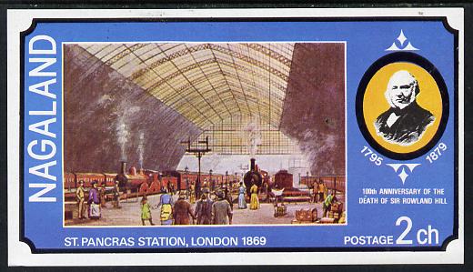 Nagaland 1979 Rowland Hill (St Pancras Station) imperf souvenir sheet (2ch value) unmounted mint, stamps on postal   railways     rowland hill