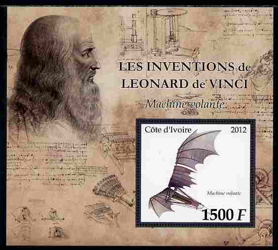 Ivory Coast 2012 Inventions of Leonardo da Vinci #2 Flying Machine large perf s/sheet unmounted mint, stamps on personalities, stamps on leonardo, stamps on da vinci, stamps on arts, stamps on science, stamps on maths, stamps on sculpture, stamps on inventor, stamps on aviation