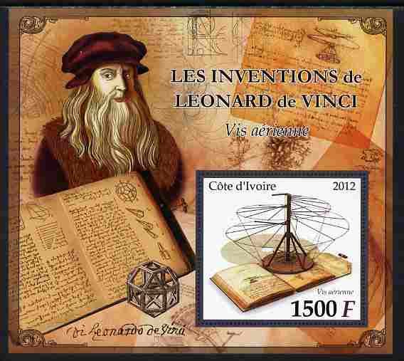 Ivory Coast 2012 Inventions of Leonardo da Vinci #5 Air Screw large perf s/sheet unmounted mint, stamps on personalities, stamps on leonardo, stamps on da vinci, stamps on arts, stamps on science, stamps on maths, stamps on sculpture, stamps on inventor, stamps on 