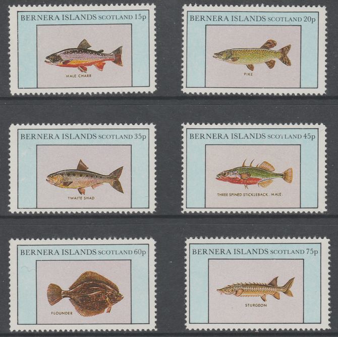 Bernera 1982 Fish (Char, Pike, Sturgeon, Flounder etc) perf set of 6 values (15p to 75p) unmounted mint, stamps on fish, stamps on marine life