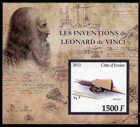 Ivory Coast 2012 Inventions of Leonardo da Vinci #8 Mortar large perf s/sheet unmounted mint, stamps on personalities, stamps on leonardo, stamps on da vinci, stamps on arts, stamps on science, stamps on maths, stamps on sculpture, stamps on inventor, stamps on militaria