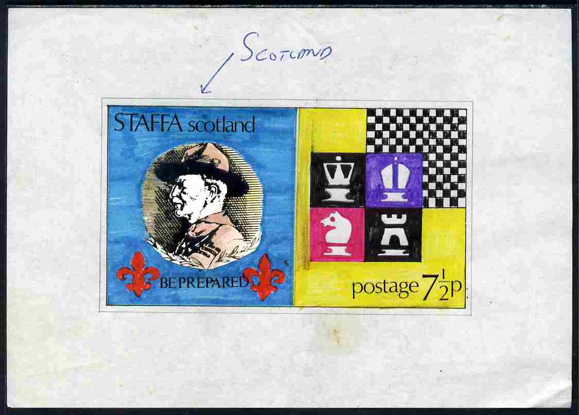 Staffa 1978 Scouts & Chess - original hand-painted artwork for unaccepted 7.5p values on paper, image size 123 x 70 mm complete with issued sheetlet showing similar desig..., stamps on scouts, stamps on chess